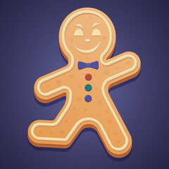 Gingerbread Man. Colored vector illustration. Isolated purple background. A boy with a bow-tie runs and smiles maliciously. Ginger cookies. Festive figured dessert. Happy new year and merry christmas.