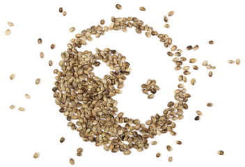 Hemp seed yin yang symbol isolated on white background, top view