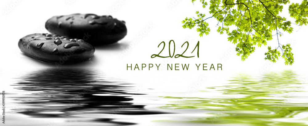 Wall mural zen banner happy new year card 2021 - raindrops on black pebbles in border water reflection