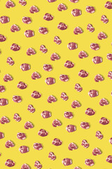 background with raw pork meat slices on yellow Illuminating background, raw food background, not pattern, poster modern creative, flatlay