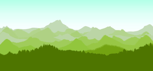 Obraz premium Beautiful on the theme of the morning landscape, sunrise in the mountains, mixed forest. Panoramic view, vector illustration. 