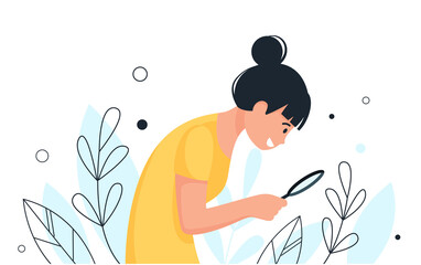 The character looks through a magnifying glass. Search concept. Vector illustration in cartoon style.