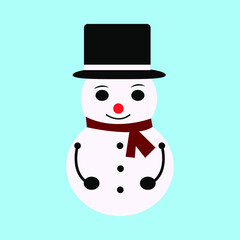Cute snowman in red scarf and black hat isolated on blue. Vector illustration in flat style