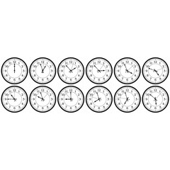 Clock with arabic numerals. A collection of dials showing twelve hours and about one hour, two, three, four, five, six, seven, eight, nine, ten, eleven hours. Vector illustration.