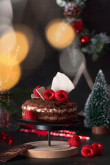sponge cake three chocolates in a New Year's holiday decoration with raspberries. on dark background