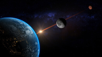 Close approach of the Moon and Mars 3d rendering illustration