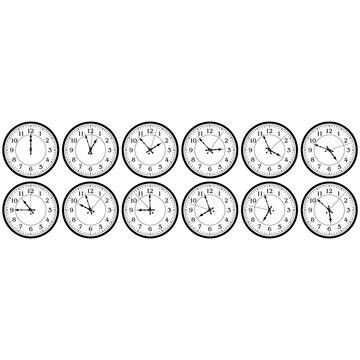 Clock with arabic numerals. A collection of dials showing twelve hours and about one hour, two, three, four, five, six, seven, eight, nine, ten, eleven hours. Vector illustration.