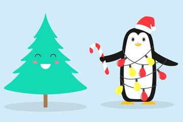 Christmas tree and penguin. Set of cartoon characters. Vector illustration.