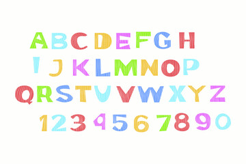 Cute colorful alphabet. Vector typography design isolated on white background. Set of letters and numbers.