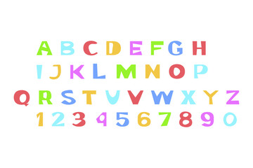 Cute colorful alphabet. Vector typography design isolated on white background. Set of letters and numbers.