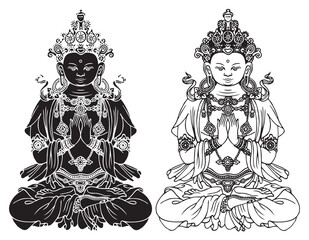 Hand-drawn Buddha Shakyamuni, sage and founder of Buddhism. Two black and white vector illustrations of sitting Gautama Buddha meditating in the lotus position. Awakened and Enlightened