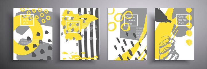 Fashionable cover designs. Vector compositions of minimal geometric shapes. The trend colors of 2021 are yellow and gray. A beautiful background that can be used for cover, poster, brochure design.