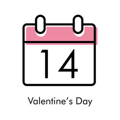 Día de San Valentín. Logotipo con hoja de calendario con número 14 con lineas en negro y rosa