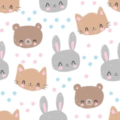 Hand Drawn Cute animals bear, cat and rabbit vector pattern seamless trendy print, design textile for children