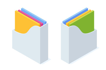 Isometric office paper tray with colorful folders and file document.