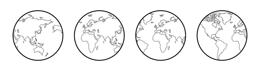 Outline illustration of the earth from four different angles: America, Europe and Africa, Asia and Australia.