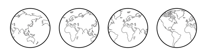 Outline illustration of the earth from four different angles: America, Europe and Africa, Asia and Australia.