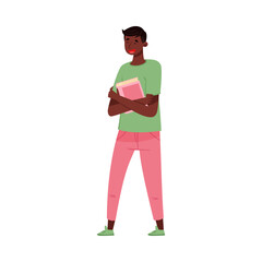African American Boy Teenager in Casual Wear Holding Student Book and Walking Vector Illustration