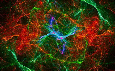 Abstract illustration of fantastic bunches of energy of red, green, blue, purple colors in a chaotic manner intertwining in a crazy dance of cosmic plasma for web design, computer graphics