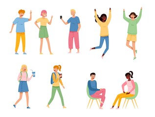 Teenager Boy and Girl in Casual Wear Jumping, Messaging and Drinking Soda Vector Illustration Set