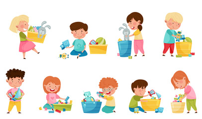 Cute Kids Playing With Different Toys in Playroom Vector Illustration Set