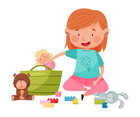 Obraz na płótnie Canvas Funny Girl Sitting on Floor and Playing with Different Toys in Playroom Vector Illustration