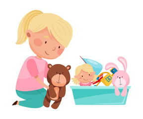 Funny Girl Sitting on Floor and Playing with Different Toys in Playroom Vector Illustration