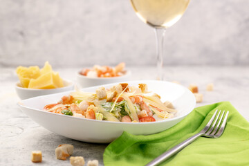 Shrimp salad with fresh vegetables, cheese and croutons.