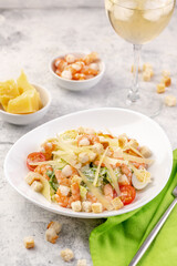 Shrimp salad with fresh vegetables, cheese and croutons.