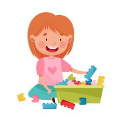 Happy Girl Sitting on Floor in Playroom and Playing with Construction Toy Vector Illustration