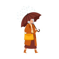 Grey Haired Senior Woman Walking Under Umbrella in Rainy Day Vector Illustration