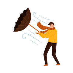Struggling Against Wind Man Holding Umbrella in Rainy Autumn Day Vector Illustration