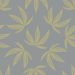 Cannabis leaves seamless vector pattern background. Hand drawn gold hemp outline foliage on grey backdrop. Stylish botanical marijuana design. All over print for wellness, health concept, packaging