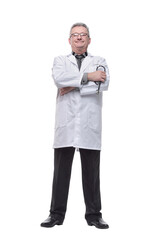 Portrait of smiling mature doctor isolated on white background