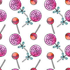 Seamless pattern with lollipops. Cute pink watercolor hand drawn sweets on holidays backgrounds and textures. For Valentines Day, birthday, greeting cards, wrapping paper, kids dresses textile