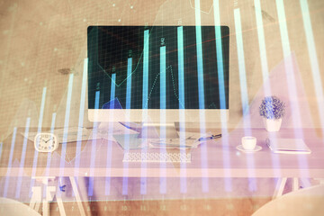 Multi exposure of financial graph drawing and office interior background. Concept of market analysis.