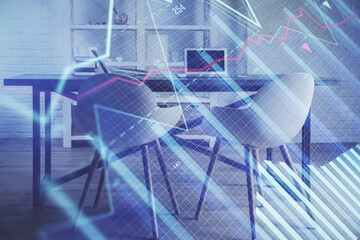 Multi exposure of financial graph drawing and office interior background. Concept of market analysis.