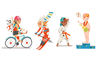 Athletic Kids Skiing, Cycling and Doing Karate Vector Set