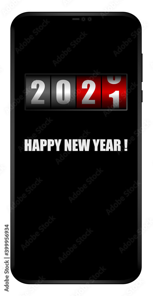 Poster happy new year 2021 on mobile phone screen with counter vector greeting card