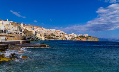 Fototapeta na wymiar Panoramic view of the city stone beach in Ermoupoli, Syros - capital of the Cyclades Islands, Greece