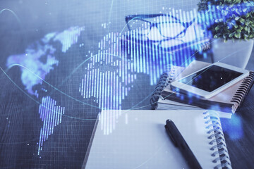 Double exposure of financial theme drawing and cell phone background. Concept of business