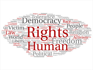 Vector concept or conceptual human rights political freedom, democracy abstract word cloud isolated background. Collage of humanity world tolerance, law principles, people justice discrimination text