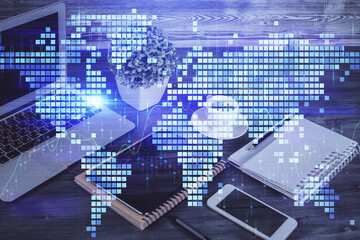 Double exposure of financial theme drawing and cell phone background. Concept of business