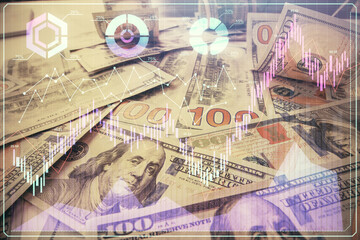 Multi exposure of forex chart drawing over us dollars bill background. Concept of financial success markets.