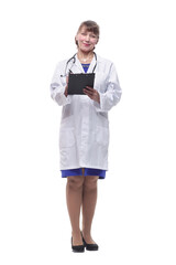 Female doctor in uniform with clipboard and stethoscope writting isolated on white background
