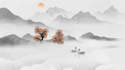 Fototapety  Tło atramentu ilustracja krajobraz łodzi rybackiej Guochao