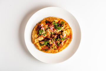 Flatbread. Traditional Classic Italian homemade made from scratch thin crispy flatbreads with bacon arugula olives chicken mozzarella with extra virgin olive oil and seasoned with salt and pepper. 