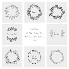 Set of vector hand drawn romantic wreaths.	