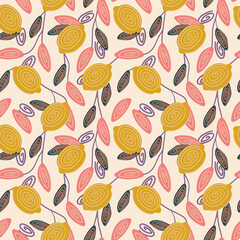 Lemon seamless pattern vector illustration. Summer design repeated textile with citrus fruits. Wallpaper printing background for boys and girls.