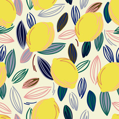 Lemon seamless pattern vector illustration. Summer design repeated textile with citrus fruits. Wallpaper printing background for boys and girls.